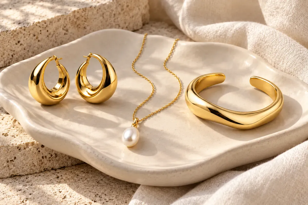 Gold hoops, a sculptural cuff and pearl necklace styled together